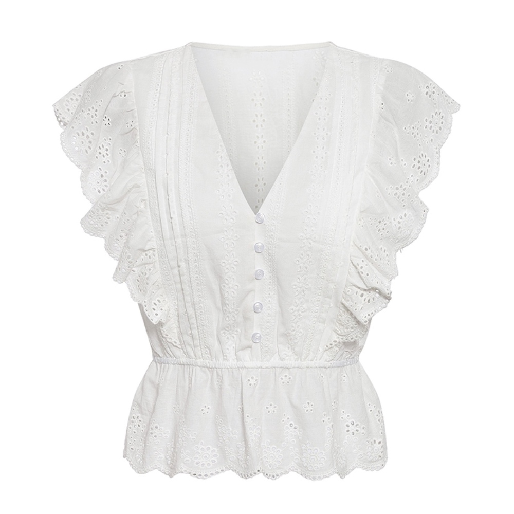 White Eyelet Ruffle Detail V-Neck Buttoned Top - Picture 6 of 8